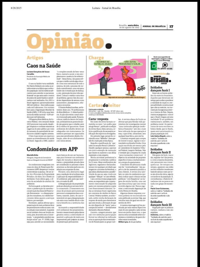 Artigo "Condomínios em APP" publicado no Jornal de Brasília