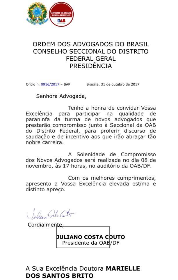 OAB/DF convida a advogada Marielle Brito para Paraninfa do Compromisso dos  Novos Advogados do DF